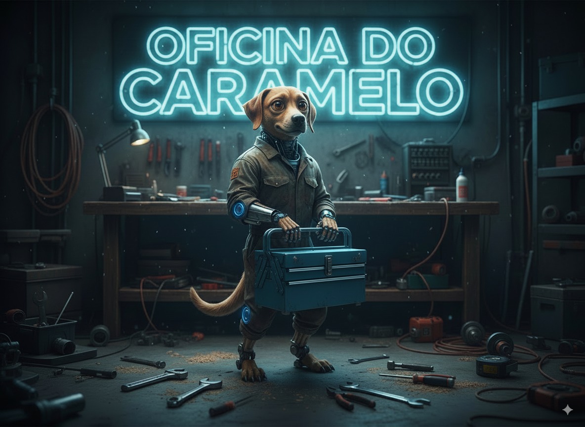 Cyber dog holding a toolbox in a workshop