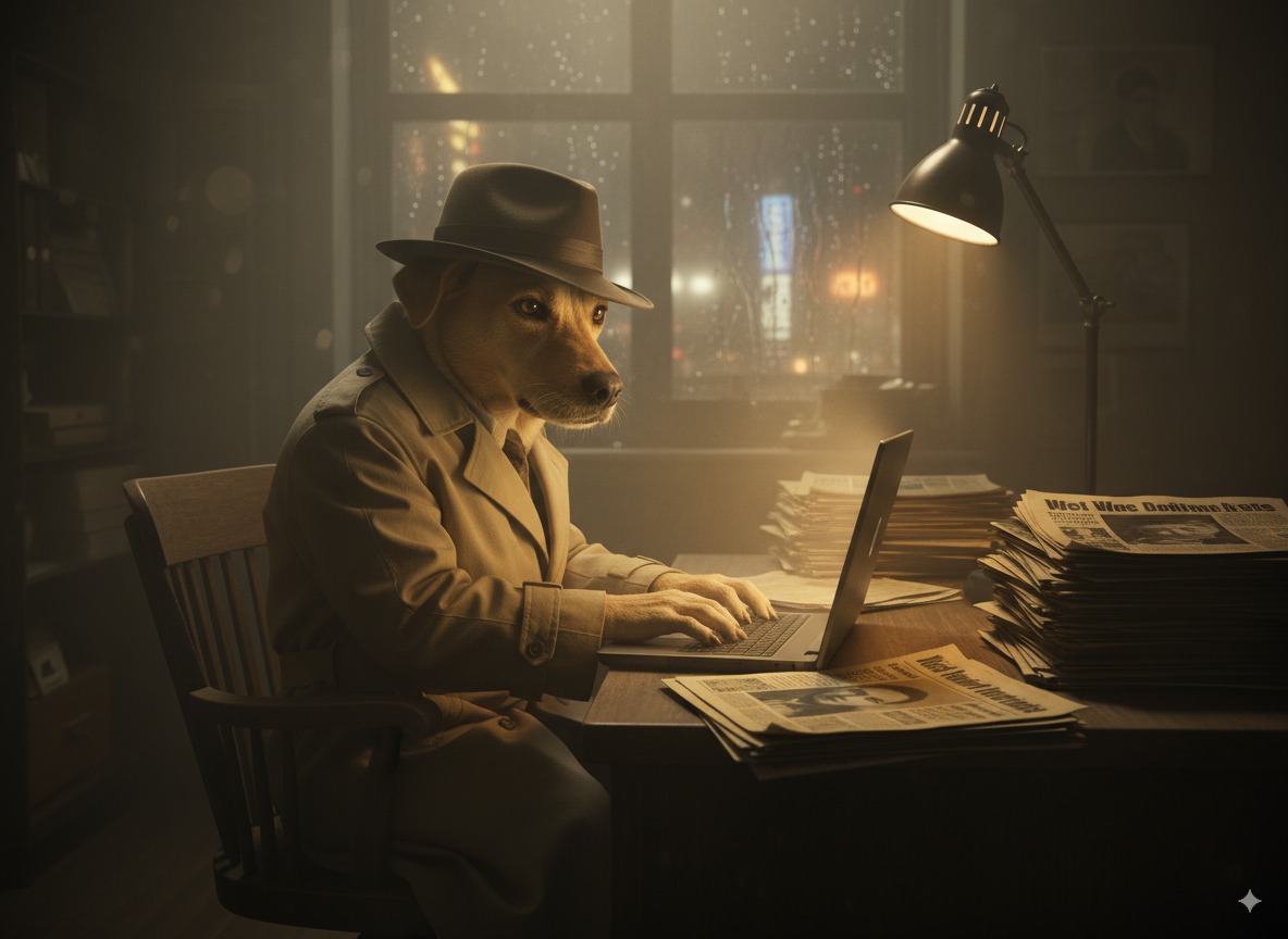 Detective dog researching news on a laptop