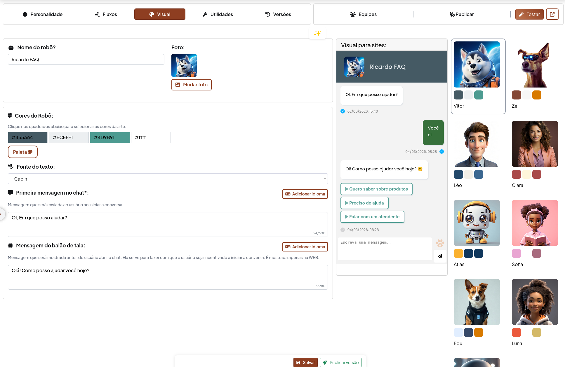 FAQ agent visual editing screen in Caramelo AI