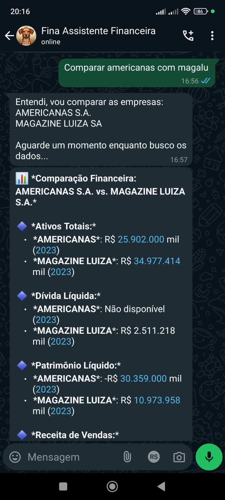 Printscreen da Fina respondendo com dados no Whatsapp