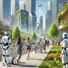 Paisagem futurista com robôs e pessoas trabalhando juntas